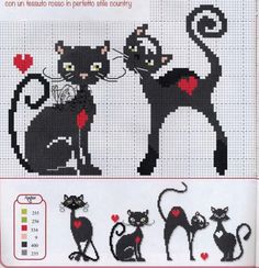 a cross stitch pattern with black cats and hearts