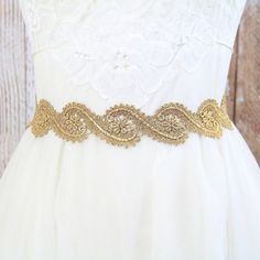 Gold Curved Pattern Metallic Lace with Champagne Satin Sash , Bridal Sash, Bridesmaid Sash, Flower G Adjustable Gold Embroidered Belt, Gold Adjustable Embroidered Belt, Adjustable Embroidered Gold Belt, Gold Embroidered Party Belt, Gold Embroidered Belt For Party, Adjustable Gold Party Belt, Elegant Gold Bridal Belt For Bridesmaids, Elegant Lace Bridal Belt For Party, Gold Lace Trim For Wedding