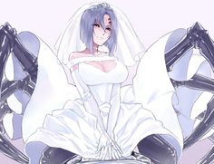 a woman in a white wedding dress sitting on a chair with her hands behind her back