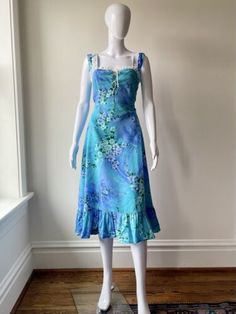 Vintage M 70s Hawaiian Otaheite Lace up Sundress blue purple floral ruffle VGUC | eBay Flowers Y2k, Sundress Blue, Teal Floral Dress, Blue Beach, I Feel Pretty, Feel Pretty, Floral Ruffle, Honolulu, Purple Floral