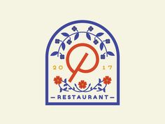 the restaurant logo is shown in blue and red colors, with an oval frame around it