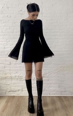 Winter Night Out Dress, Black Dress Outfit Edgy, Edgy Sweater Dress Outfit, Cottagecore Club Outfit, 1975 Concert Outfit Plus Size, Emo Outfits For Concerts, Fancy Edgy Outfits, Cute Going Out Outfits Night Winter, Outfits To Wear With Platform Boots