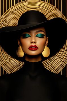 a woman wearing a black hat and green eyeshadow with large gold hoop earrings