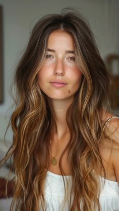 Woman with long, wavy brown hair wearing a white top and a pendant necklace. Caramel Brown Hair With Bangs, Light Brown Balayage Long Hair, Undertone Hair Color, Brunette With Blonde Balayage, Bronde Balayage Brunettes, Low Lights For Brown Hair