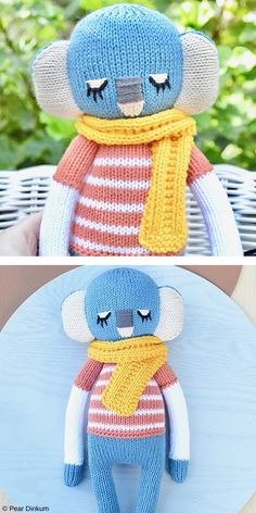 two pictures of stuffed animals with hats and scarves, one is wearing a scarf