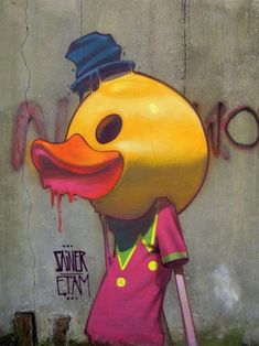 a painting of a duck wearing a top hat and holding a cane in front of a wall