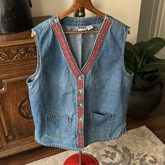 Vintage Denim Vest With Plaid Trim Plus Size 2x Vintage Denim Vest, Coats Vintage, Vintage Jackets, Vintage Jacket, Denim Vest, Repurpose, Vintage Denim, Vintage Ladies, Jackets For Women