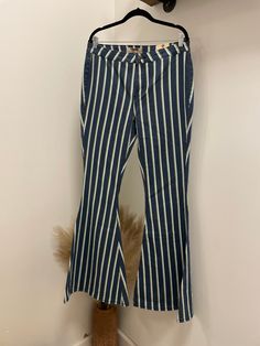 Material Content: 97% Cotton 3% Spandex Stretch Striped Cotton Pants, Retro Stretch Cotton Jeans, Striped Straight Leg Cotton Jeans, Stretch Denim Blue Cotton Flare Jeans, Striped Straight Leg Denim Jeans, Trendy Cotton Bottoms With Vertical Stripes, Fitted Blue Bottoms With Vertical Stripes, Stretch Denim Blue Flare Jeans, Blue Fitted Bottoms With Vertical Stripes