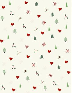 christmas trees and snowflakes are on the white wallpaper with red heart shapes