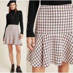 Nwt Anthropologie Maeve Bobbie Flounced Mini Skirt Tweed Womens Size 6 Waist 14.5 Length 20 Feminine Fitted Fall Skirt, Fall Pink Pleated Skirt, Chic Fitted Houndstooth Skirt, Spring Fitted Houndstooth Skirt, Bird Skirt, Drop Waist Skirt, Chambray Skirt, Black Skater Skirts, Mini Skater Skirt