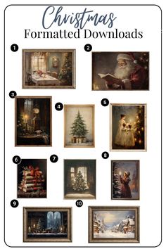 christmas pictures with santa claus and other holiday items in them, including framed art on the wall