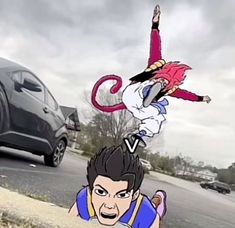 two people are flying in the air near a car and another person is standing on one leg