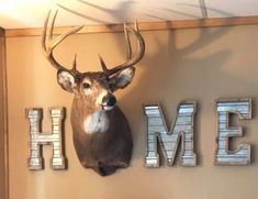 a deer head mounted to the side of a wall next to letters that spell home