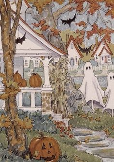 this is an image of a halloween scene with pumpkins and ghost in the yard