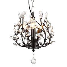 a black chandelier with crystal drops hanging from it's center and two lights on