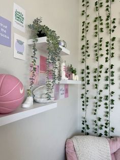 there is a pink ball and some plants on the shelf in this room with white walls