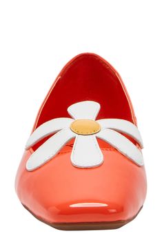 A whimsical daisy appliqué enriches the instep of a glossy flat fashioned with a square toe for contemporary appeal. Synthetic upper/synthetic and textile lining/synthetic sole Imported Retro Low Heel Heels For Spring, Retro Low Heel Spring Heels, Apple Mint, Setting Sun, Fuchsia Pink, Katy Perry, Fashion Flats, Senior Pictures, Womens Flats