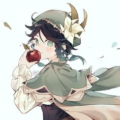 an anime character is eating an apple