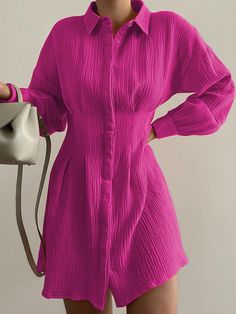 The FUCHSIA cotton seersucker dress features vertical waist pleats, getting chic and femininity look. -hidden front button list -sleeve cuff button closure -soft and comfortable cotton fabric Pink Cotton Dress, Mini Dress Hot, Seersucker Dress, Linen Shirt Dress, Evening Dress Fashion, High Waist Dress, Shirt Dress Casual, Mini Dress Casual, Dress Shirts For Women