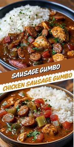 sausage gumbo and chicken sausage gumbo with rice in a black bowl on a wooden table