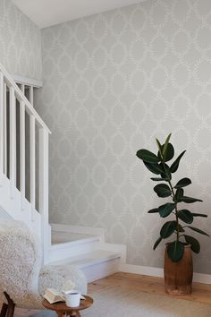 a living room with a plant in the corner and a stair case next to it