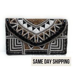 "SAME DAY SHIPPING!! This beautiful clutch is a must have for yourself or give as the perfect gift! Hand sewn seed beads. It can be use as a clutch or cross-body bag. Magnetic closure One inside slip pocket Canvas lining Dimension: 9.5\" wide x 6\" tall Great for Personalized Gifts, Bridal Shower Gifts, Birthday Gifts, Mother's Day gifts, Gift for Her, Bride to be Gift, Engagement Gift. \"For more styles, visit our Handbags/Purses section\" https://www.etsy.com/shop/TwineandLove?ref=simple-shop- Jeans Bordados, Bridal Gifts For Bride, Fashion Paintings, Engagement Gifts For Bride, Beaded Crossbody Bag, Beaded Clutch Purse, Beaded Clutch Bag, Bridal Handbags, Handmade Clutch