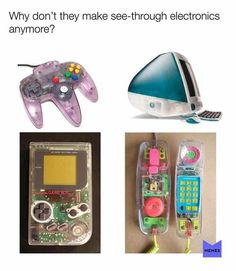 three different types of electronic gadgets, one with a game controller and the other with an mp3 player