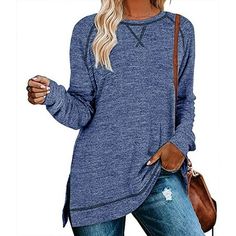 SHIBEVER Womens Tops Fall Clothes Fashion Long Sleeve T Shirts for Woman Casual Tunic Top Trendy Slipt Crewneck Sweatshirt Womans Dressy Loose Fit Workout Top Round Neck Side Slit Shirt for Women Fall Winter 2023 Women's Tops Fall Clothes Fashion Long Sleeve T Shirts for Woman, the perfect addition to your wardrobe this Fall and Winter 2023.This casual tunic top features a loose fit and a crewneck with side slits, making it a versatile choice for any occasion.The long sleeves provide extra warmt Solid Color Sweater, Casual Chique, Casual Tunics, Estilo Chic, Loose Outfit, Leggings Casual, Sleeves Pattern, Casual Pullover, Look Chic