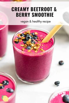 blueberry and berry smoothie in glasses with text overlay that reads, creamy beetroot & berry smoothie