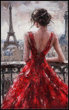 a painting of a woman in a red dress looking at the eiffel tower