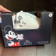 Aldi Disney Mickey Mouse Ladies Character Court Sneakers Size: 9 Condition: New In Box **Smoke-Free Home** Casual Mickey Mouse Lace-up Sneakers, Casual White Sneakers With Character Print, Casual Low-top Sneakers With Character Print, Disney White Low-top Sneakers, Disney White Sneakers With Mickey Mouse Detail, Disney Mickey Mouse Low-top Sneakers, Disney White Sneakers With Mickey Mouse, Sporty Mickey Mouse Synthetic Sneakers, Black Mickey Mouse Sneakers For Streetwear