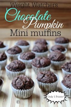 chocolate pumpkin mini muffins on a cutting board with the words, weight watchers chocolate pumpkin mini muffins