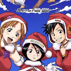 three anime characters wearing santa hats and holding their hands up to the side with one another