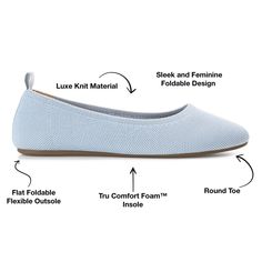 The Jersie flats by Journee Collection are the perfect basic shoe for everyday wear. With a tab at the heel and a classic round toe, these flats are both simple and stylish. They also feature a 4 mm Tru Comfort Foam™ insole and a wide-width footbed for all-day support, while the knit fabric uppers offer breathability. The flexible sole and soft fabric make them foldable for easy storage. Comfortable Flats With Textured Footbed, Flats With Textured Footbed, Comfortable Textured Flats With Flat Heel, Casual Blue Ballet Flats With Removable Insole, Comfortable Medium Width Ballet Flats, Comfortable Ballet Flats With Textured Sole, Comfortable Everyday Flats With Flat Heel, Lightweight Casual Ballet Flats With Flat Heel, Comfortable Medium Width Flats For Everyday