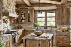 a kitchen with wooden cabinets and an island