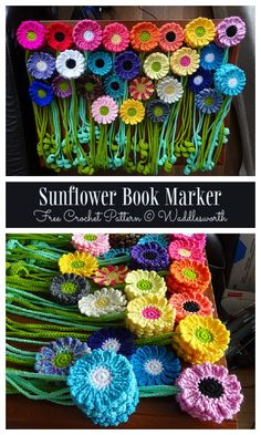 the sunflower book marker is made from crocheted yarn and has flowers on it