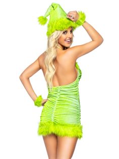 Their heart will grow 3 sizes when they see you in this holiday-fav 3 PC Christmas Baddie women's costume by Leg Avenue. You may be a meanie, but you'll look amazing in this fitted ruched velvet dress with green fur trim, matching wrist cuffs, and green hat. Take your Christmas costume to the next level with matching tights and socks. Package includes: dress, wrist cuffs, hat Fit & Style: Ultra-sexy, the fitted green Santa dress is ruched in all the right places to show off those holiday curves.