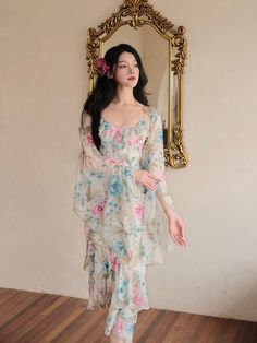 Fabric: 100% Polyester Size Guide: S: bust: 76-84cm, length: 118cm, waist: 60-64cm M: bust: 80-88cm, length: 119cm, waist: 64-68cm L: bust: 84-92cm, length: 120cm, waist: 68-72cm Shawl length: 196cm Summer Wedding Chiffon Dress With Long Sleeves, Summer Wedding Long Sleeve Chiffon Dress, Feminine Fitted Long Sleeve Chiffon Dress, Fitted Long Sleeve Chiffon Dress For Summer, Vintage Chiffon Dress With Long Sleeves, Feminine Chiffon Dress With Square Neck, Fitted Long Sleeve Chiffon Dress For Casual Wear, Floral Print Chiffon Dress With Square Neck, Chiffon Floral Print Square Neck Dresses