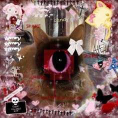 an image of a cat with pink eyes and bows on it's head, surrounded by other items