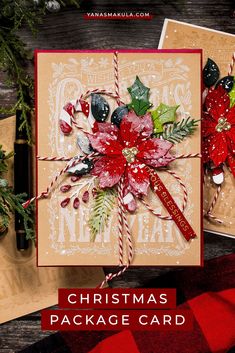 two christmas cards with holly and poinsettis on them, one has a red ribbon