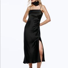 Zara Satin Lingerie Style Dress Flirty Ruched Slip Dress For Evening, Chic Ruched Slip Dress For Dinner, Black Ruched Fitted Satin Dress, Black Fitted Ruched Satin Dress, Sleeveless Ruched Slip Dress For Dinner, Ruched Sleeveless Slip Dress For Dinner, Black Satin Dress With Spaghetti Straps For Night Out, Black Satin Spaghetti Strap Dress For Night Out, Black Ruched Satin Dress For Formal Occasions