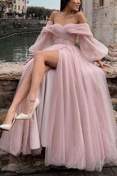 Off Shoulder Dusty Pink Tulle Long Prom Dress with High Slit, Shiny Dusty Pink Formal Graduation Evening Dress A1806 Corset Dress Formal, Minimal Stil, Ben Ben, Robes Glamour, A Line Evening Dress, Corset Dress Prom, فستان سهرة, A Line Prom Dresses, Dresses Ideas