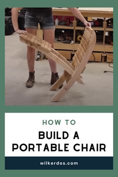 a person standing next to a chair made out of wooden planks with the words how to build a portable chair