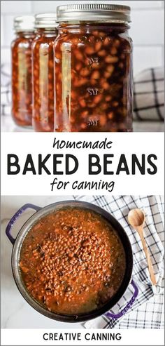 homemade baked beans for canning in mason jars with text overlay that reads homemade baked beans for canning