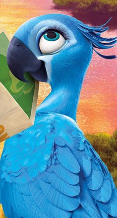 a blue bird with an envelope in it's beak is looking at the viewer