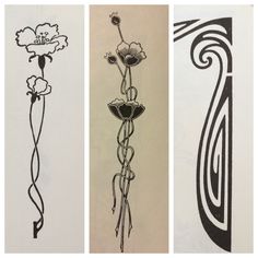 three different types of flowers are shown in black and white, each with an intricate design