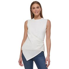 Dkny Elevates Your Basic Tank In This Sleeveless Top, With A Stand-Out Asymmetrical Hem. Approx. Model Height Is 5'10" And She Is Wearing Size 6 Crewneck Asymmetrical Envelope Hem Polyester (35% Recycled), Elastane Dry Clean Imported White Asymmetrical Tank Top For Spring, Asymmetrical Fitted Tank Top For Layering, Fitted Asymmetrical Tank Top For Layering, Spring Asymmetrical Tank Top For Layering, Asymmetrical Hem Top, Draped Blouse, Flutter Sleeve Top, Puff Sleeve Top, Family Outfits