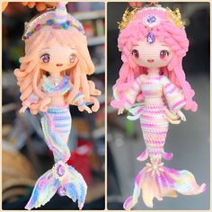 two pictures of a little mermaid doll with pink hair