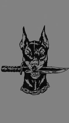 a black and white drawing of a dog holding a knife