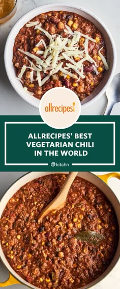 chili and cheese in a bowl with the title allrecipes best vegetarian chili in the world